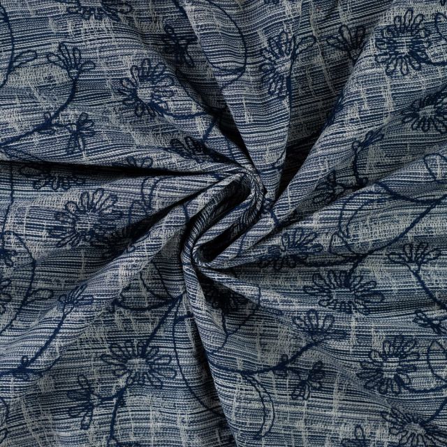 Tissu Jean Denim rayures et fleurs brodées sur fond Bleu foncé