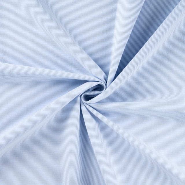 Tissu Polycoton Louisa fines rayures Blanc sur fond Bleu ciel