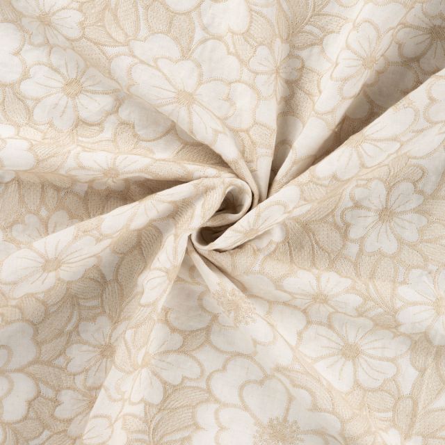Tissu Coton brodé imprimé Fleurs sur fond Ecru