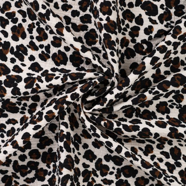 Tissu Seersucker Coton Léopard sur fond Ecru
