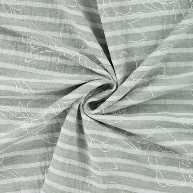 Tissu Aspect Lin rayures et fleurs sur fond Vert amande