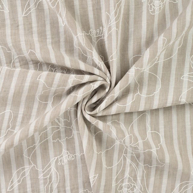 Tissu Aspect Lin rayures et fleurs sur fond Beige
