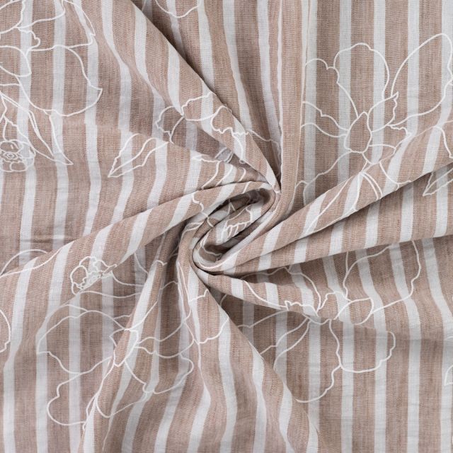 Tissu Aspect Lin rayures et fleurs sur fond Taupe