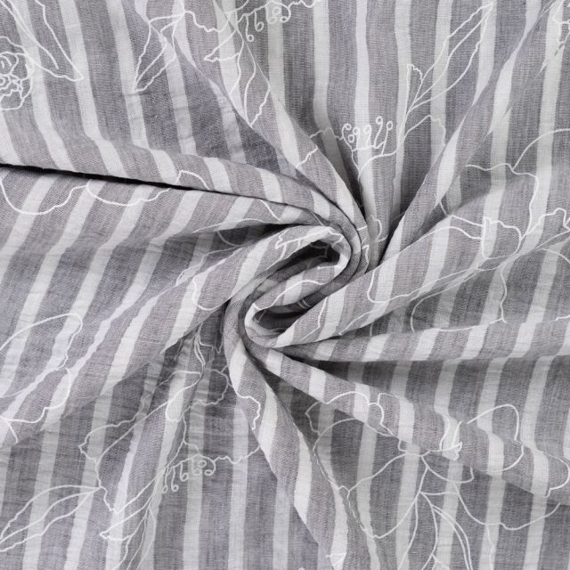 Tissu Aspect Lin rayures et fleurs sur fond Gris
