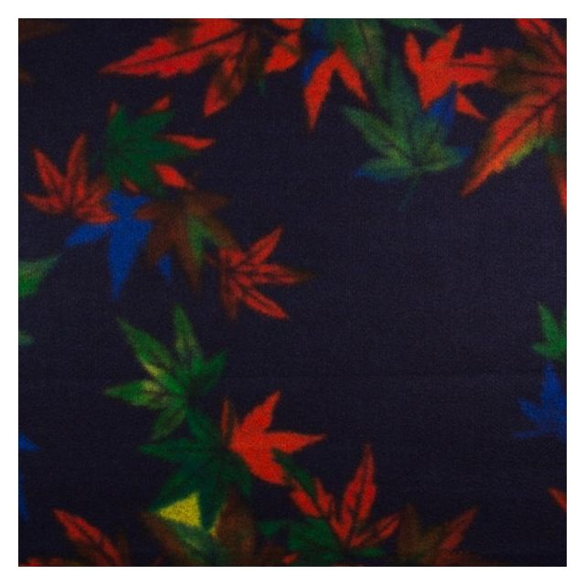 Tissu Caban Laine Feuilles orange et vertes sur fond Bleu marine - Par 10 cm