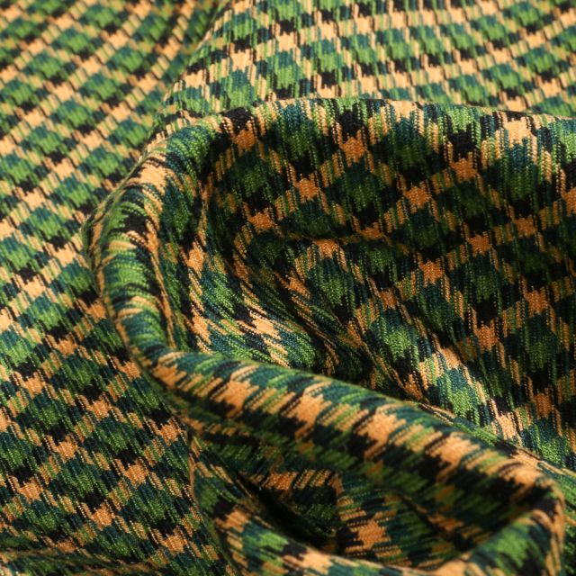 Tissu Jacquard polyviscose  Pied de poule sur fond Vert vif