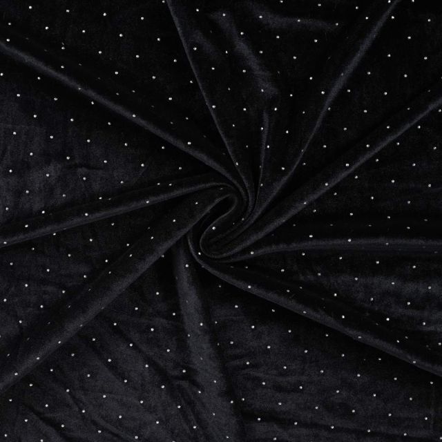 Tissu Jersey Velours Lunaria strass Argentés sur fond Noir