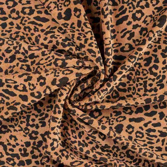 Tissu Velours Côtelé lavé  Cléa léopard Noir sur fond Camel