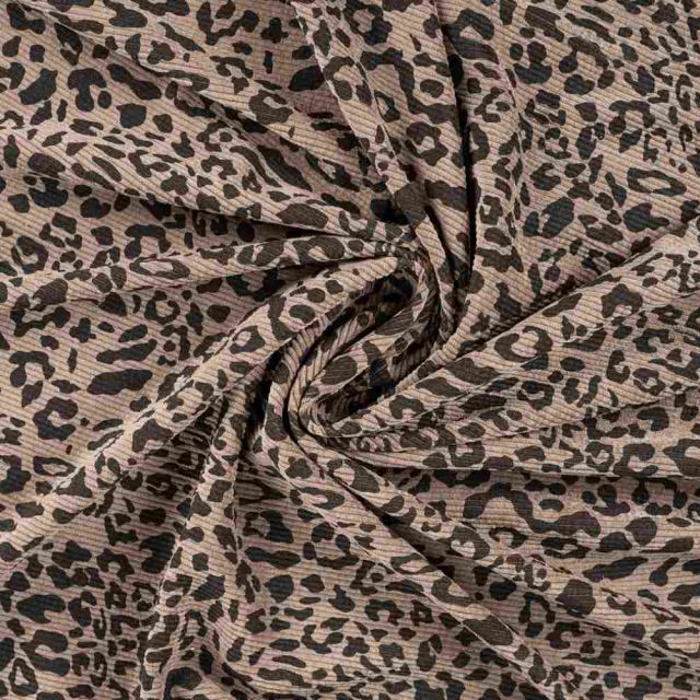 Tissu Velours Côtelé lavé  Cléa léopard Noir sur fond Taupe