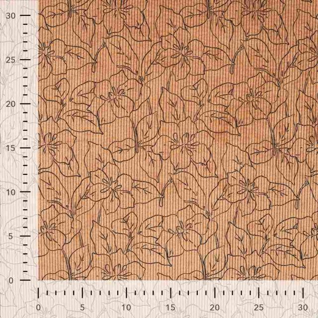 Tissu Velours Côtelé lavé Éléane fleurs Noires sur fond Camel