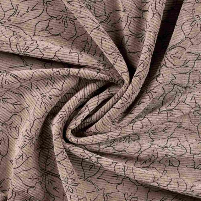 Tissu Velours Côtelé lavé  Éléane fleurs Noires sur fond Taupe