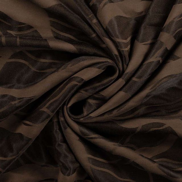 Tissu Polyviscose Aria zebré abstrait Noir sur fond Marron chocolat
