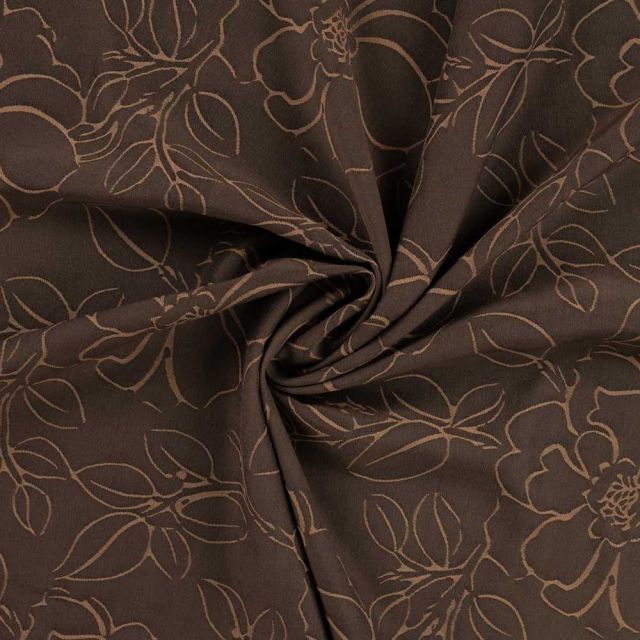Tissu Polyviscose Lina fleurs Camel sur fond Marron chocolat