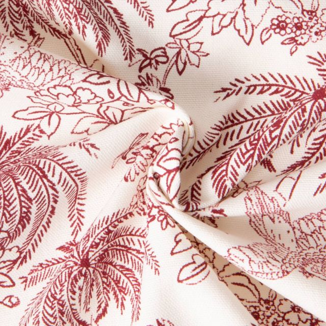 Tissu Toile de Jouy Palme Rouge sur fond Naturel
