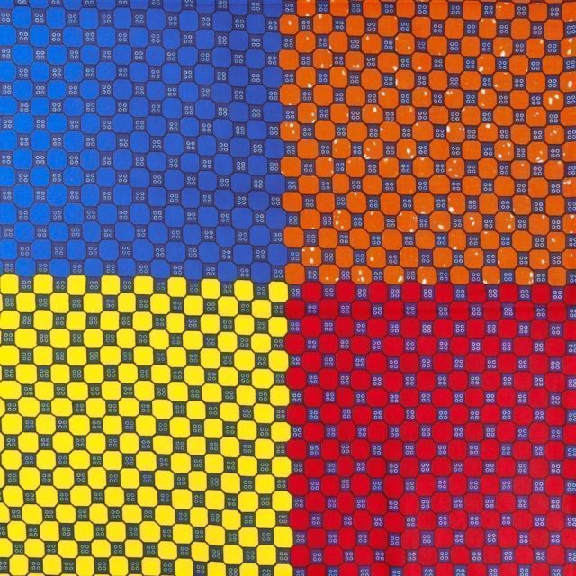 Tissu Wax Africain N°349 Carrés Multicolores sur fond Bleu marine - Par 10 cm