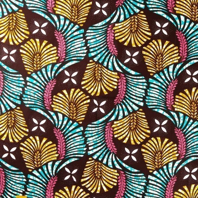 Tissu Wax Africain N°375 Feuilles Oranges, roses et vertes sur fond Marron chocolat - Par 10 cm