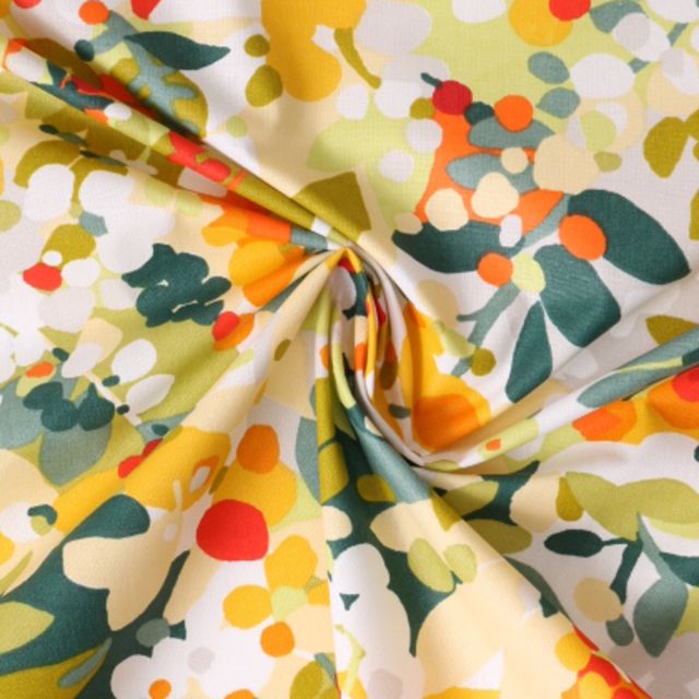 Tissu Polycoton enduit Champs Fleuris Eté sur fond Blanc