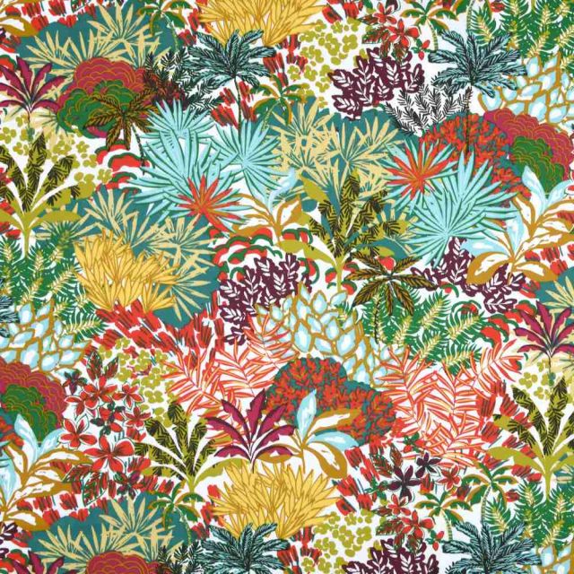 Tissu Toile Polycoton  enduit  tropical multicolore Primus sur fond Blanc