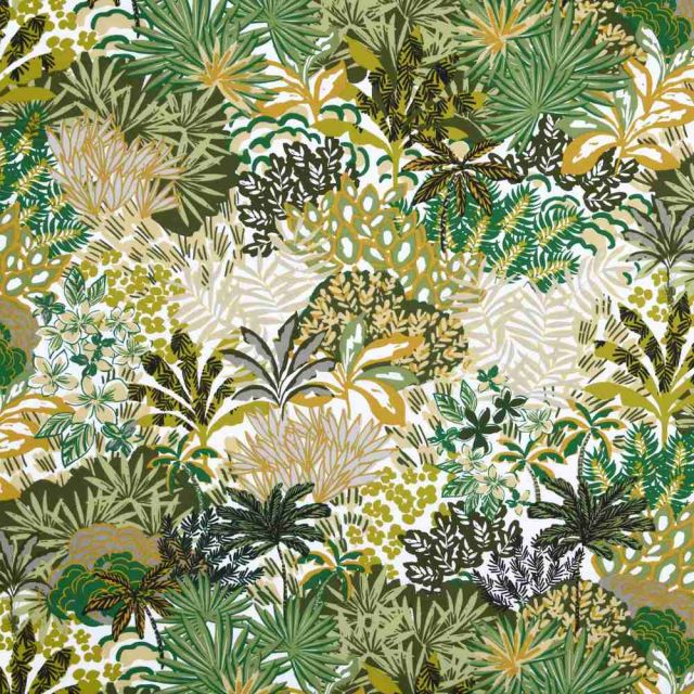 Tissu Toile  Polycoton enduit  végétal vert Garrigue sur fond Blanc