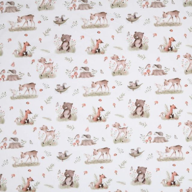 Tissu Popeline de Coton  Éléa forêt enchantée sur fond Blanc