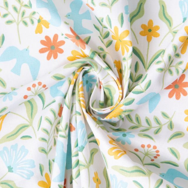 Tissu Coton imprimé Paloma palombes multicolores sur fond Blanc