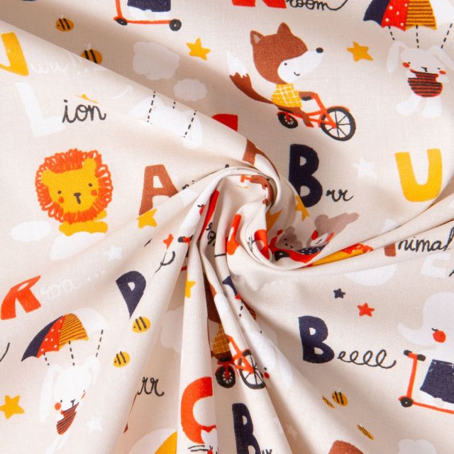 Tissu Coton imprimé  Alphanimal sur fond Naturel