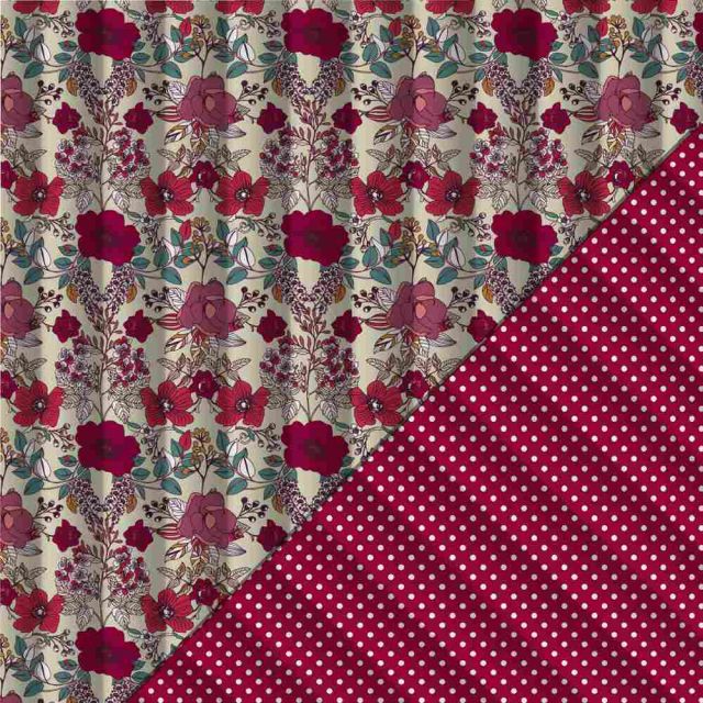 Tissu Matelassé réversible Rosalie fleurs vintage Bordeaux et pois écru