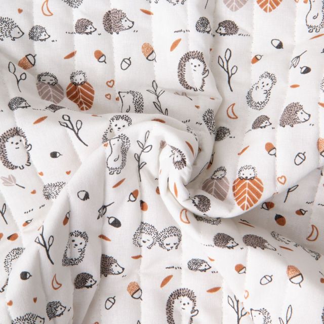 Coupon Tissu Coton Matelassé réversible Ray petits hérissons sur fond Blanc - Coupon de 30 cm