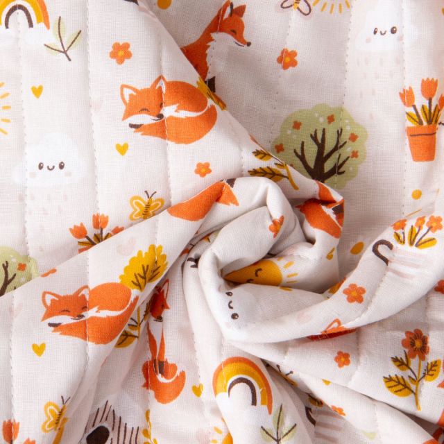 Tissu Matelassé Coton réversible Ray happy fox sur fond Beige clair