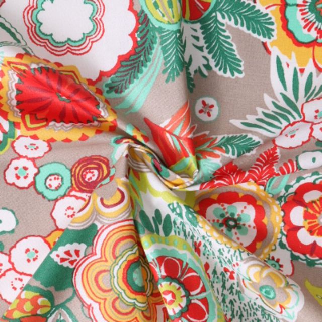 Tissu Cretonne enduit Carmen fleurs stylisées Multicolore sur fond Taupe