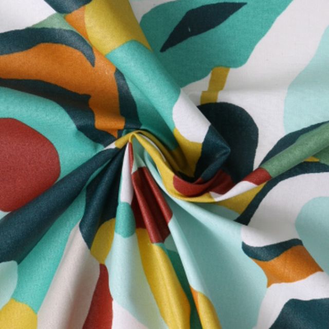 Tissu Cretonne enduit Gabriela fleurs abstraites sur fond Blanc