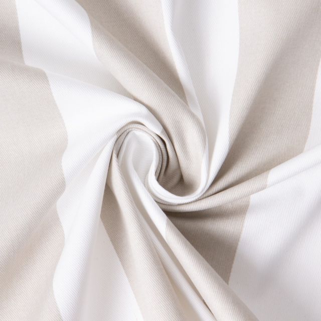 Tissu Coton Sergé d'ameublement rayé Beige sur fond Blanc