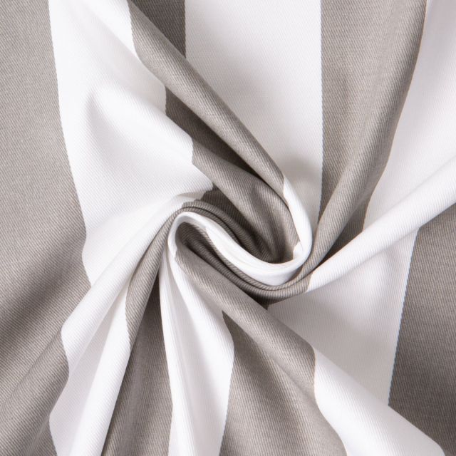 Tissu Coton Sergé d'ameublement Rayé Gris sur fond Blanc