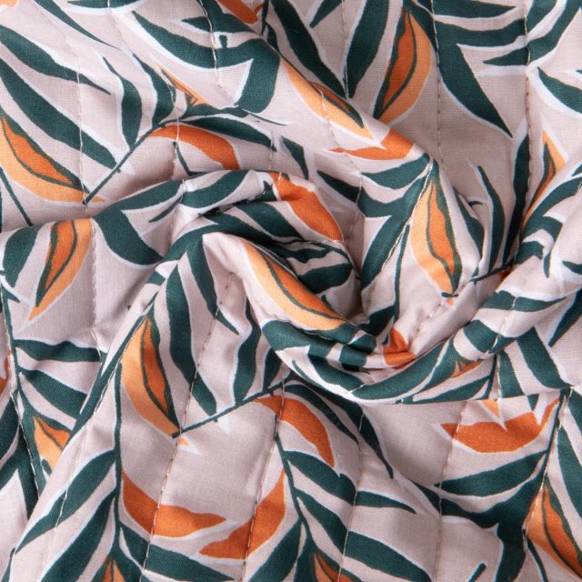 Tissu Coton Matelassé réversible Domi tropical jungle et motif léopard sur fond Beige clair