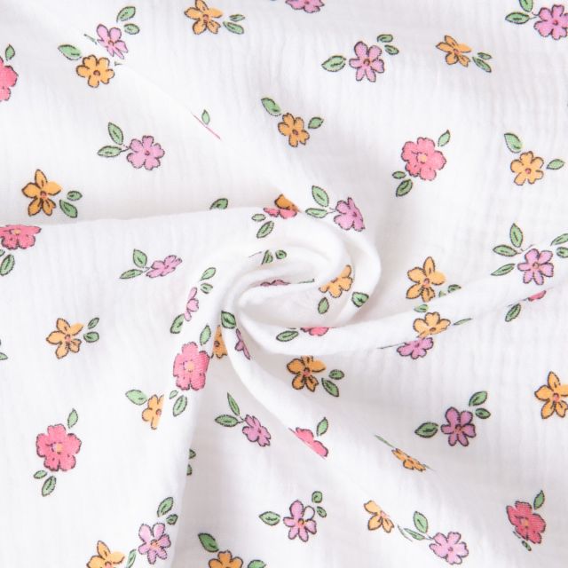 Tissu Double gaze de Coton Grace petites fleurs sur fond Blanc