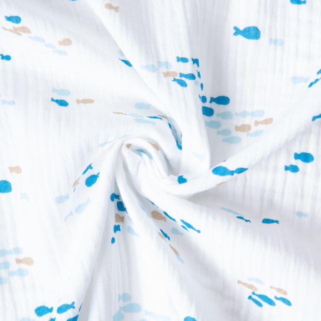 Tissu Double gaze de Coton Noa petits poissons Bleu sur fond Blanc