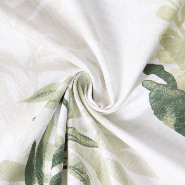 Tissu Toile de Coton Ardèche rameaux Vert sur fond Blanc