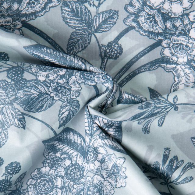 Tissu Toile Polycoton Saone murier sauvage sur fond Bleu gris