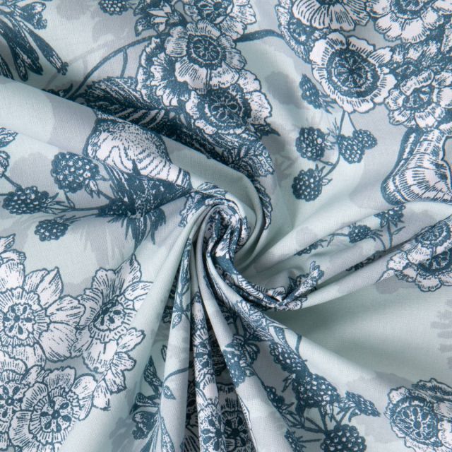 Tissu Toile Polycoton Enduit Saone murier sauvage sur fond Bleu gris