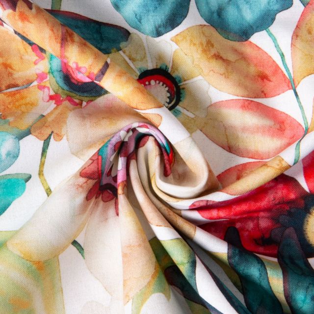 Tissu Coton imprimé Melissandre fleurs Multicolores sur fond Blanc