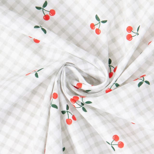 Tissu Coton imprimé Carreaux et cerises sur fond Blanc