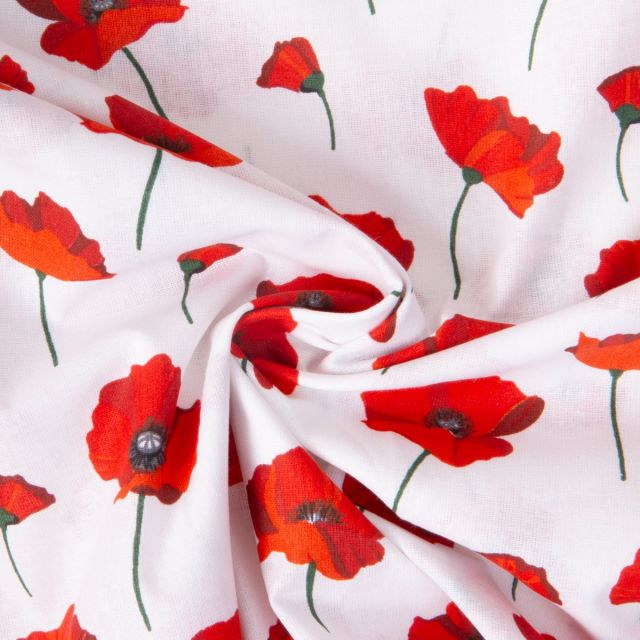 Tissu Coton imprimé Coquelicots rouges sur fond Blanc