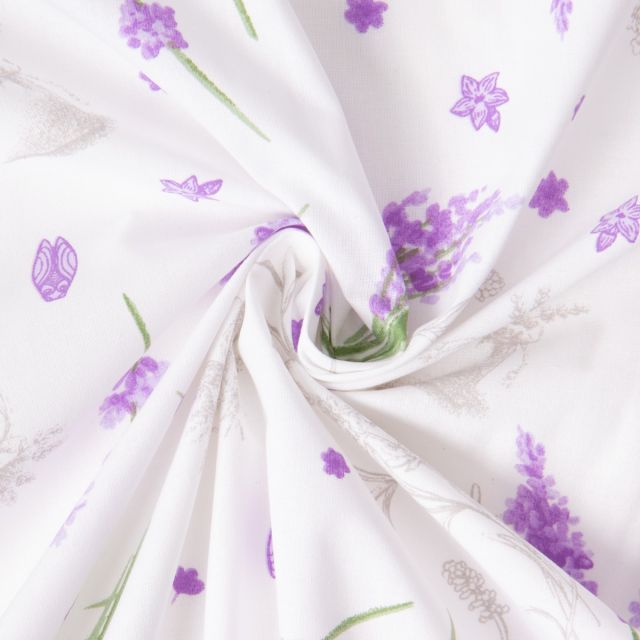 Tissu Polycoton imprimé Lavandia sur fond Blanc