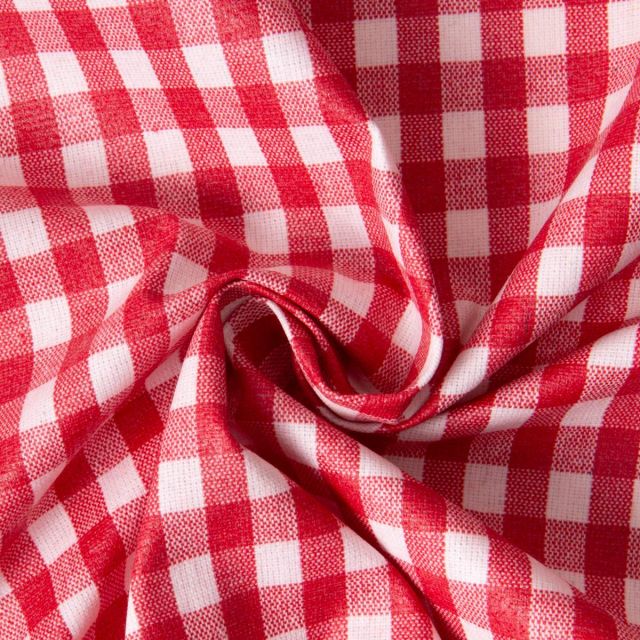 Tissu toile de Coton enduit Carreaux Rouge sur fond Blanc