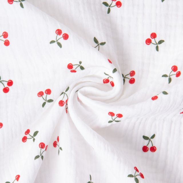 Tissu Double gaze de Coton Ruby petites cerises sur fond Blanc