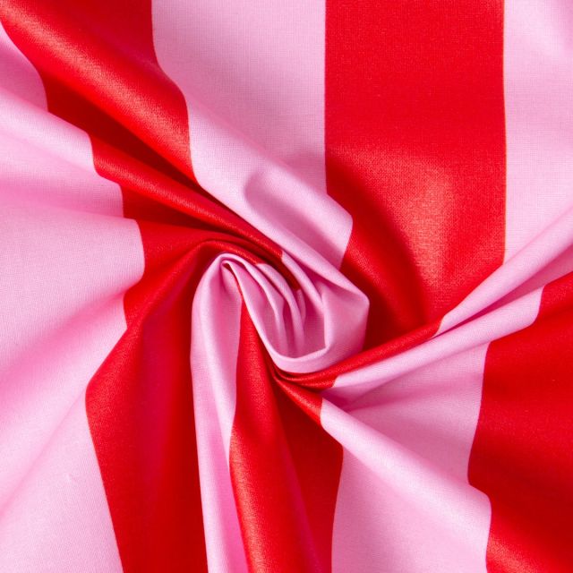 Tissu Coton enduit rayé Rouge sur fond Rose
