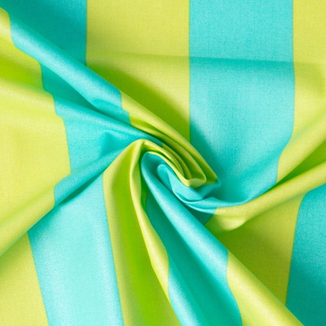 Tissu Coton Enduit Rayures Bicolore acidulés turquoise sur fond Vert menthe