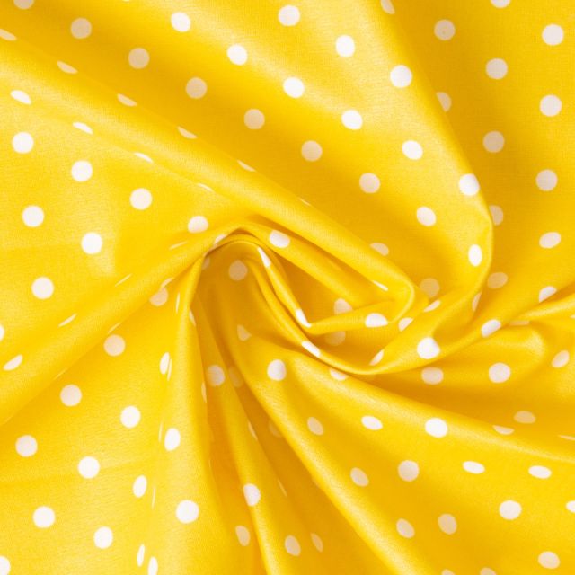 Tissu Coton Enduit pois Dotty blanc sur fond Jaune