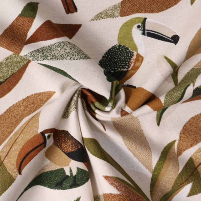 Tissu Toile Canvas Oriana toucans et feuillages sur fond Ecru chiné