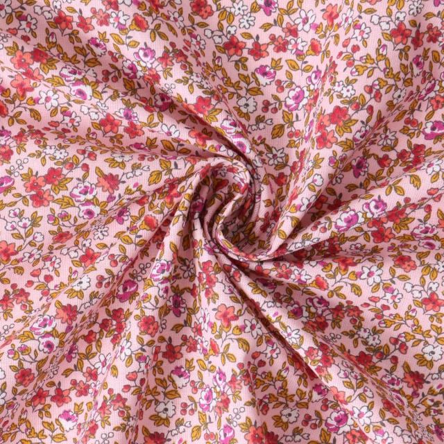 Tissu Coton Cretonne Léonie petites fleurs Rouges sur fond Rose